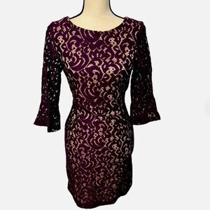 Jessica Howard Lace Dress Purple/Beige Size 18 3/4 Bell Sleeves